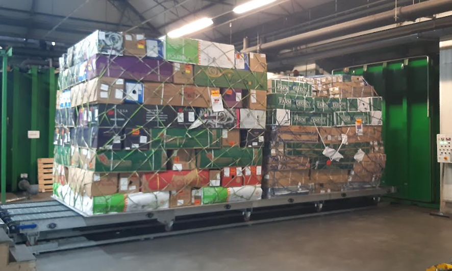 Two aircraft pallets of flowers on a conveyor to be cooled automatically.