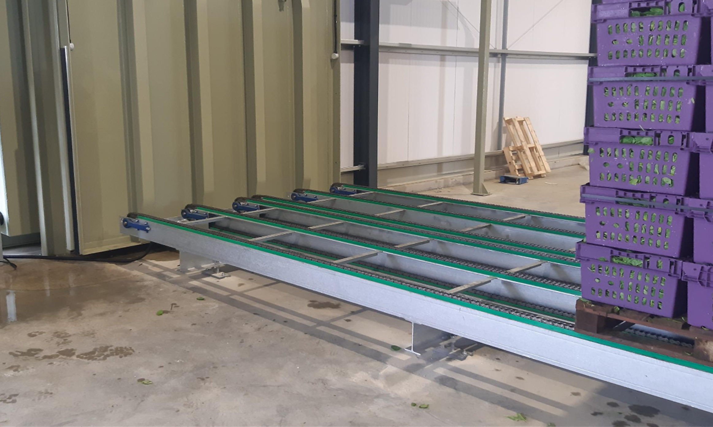 The infeed conveyor for a vacuum cooler.